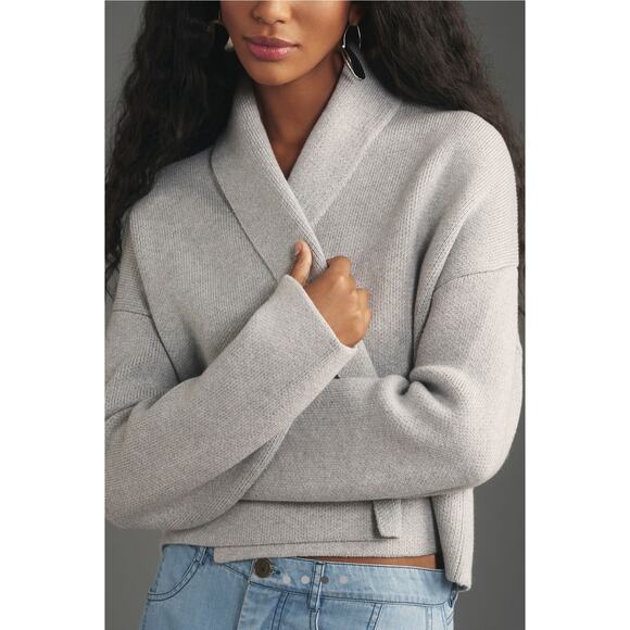 BY ANTHROPOLOGIE Mariel Crop Cardigan Rolled Collar Sweater Light Gray One Size - Picture 1 of 9